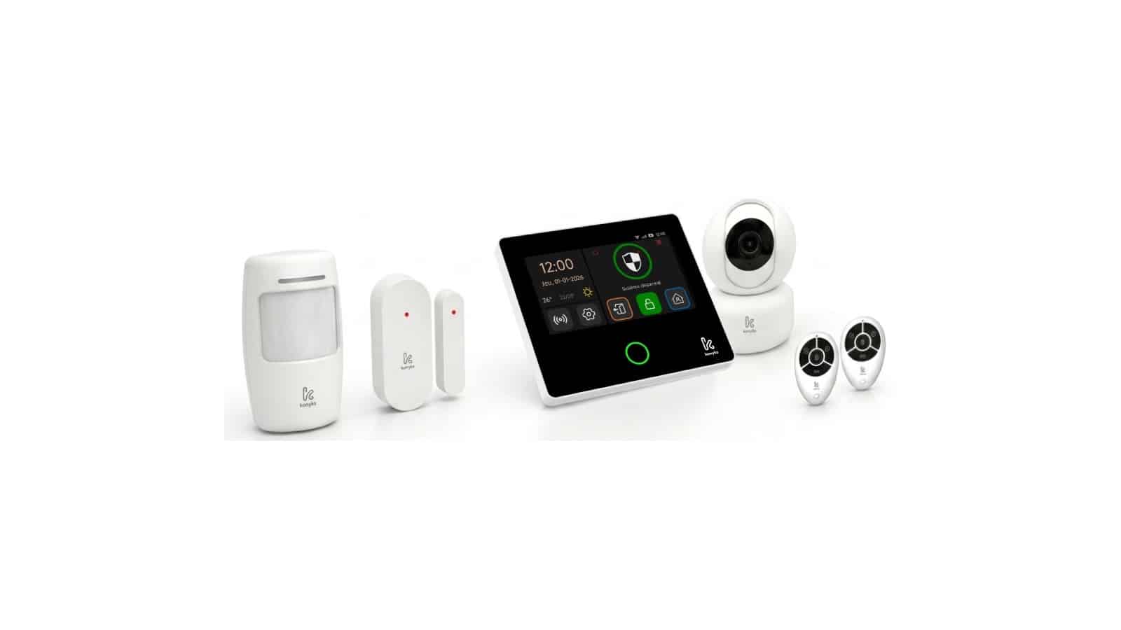 Pack Alarme Konyks avec panneau de contrôle, caméra, détecteurs et télécommandes