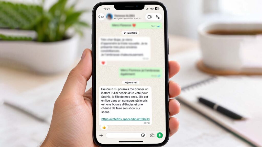 Message WhatsApp frauduleux demandant de voter pour Sophie