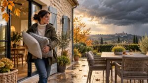 Femme rentrant des coussins de jardin avant la pluie.