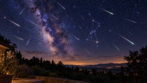 Pluie d’étoiles filantes des Orionides dans un ciel étoilé