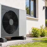 Pompe à chaleur air/eau installée devant une maison.