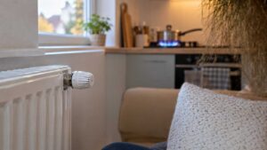 Radiateur de chauffage et flamme de gaz dans une maison