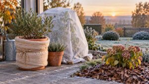 Plantes protégées du gel dans un jardin au petit matin