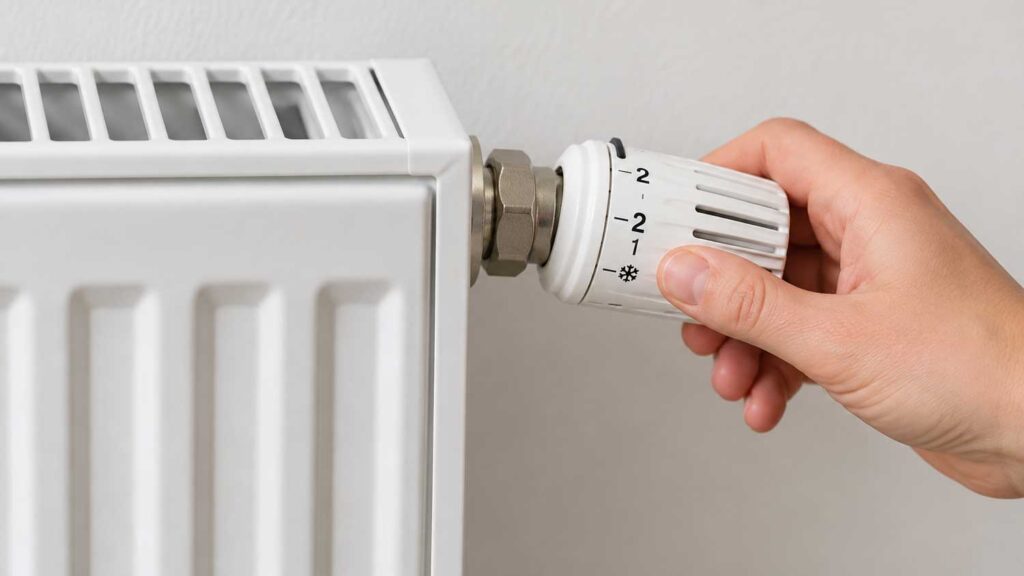 Main réglant le robinet thermostatique d’un radiateur avant l’hiver.