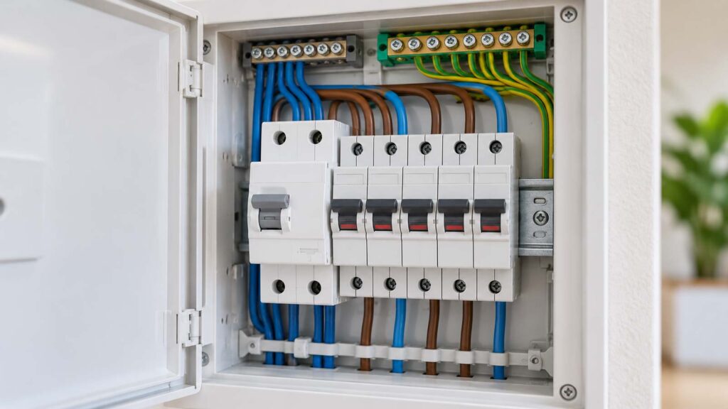 Tableau électrique ouvert dans un logement