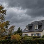 Maison et arbres balayés par des vents violents.