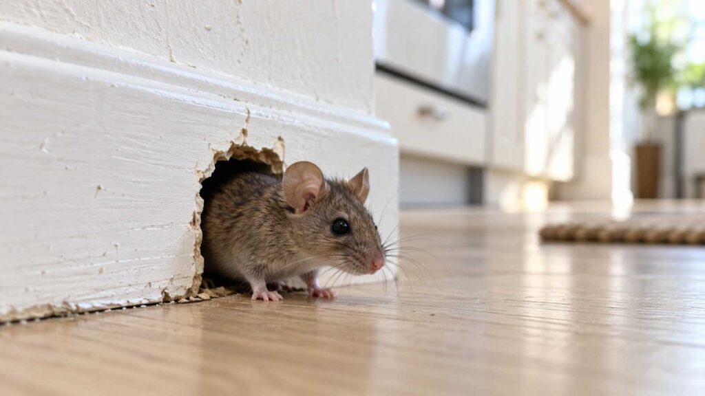 Souris près d'un trou dans une plinthe