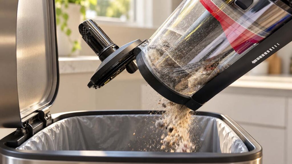 Vidage du collecteur CleanCompaktor du Dyson V16 Piston Animal dans une poubelle