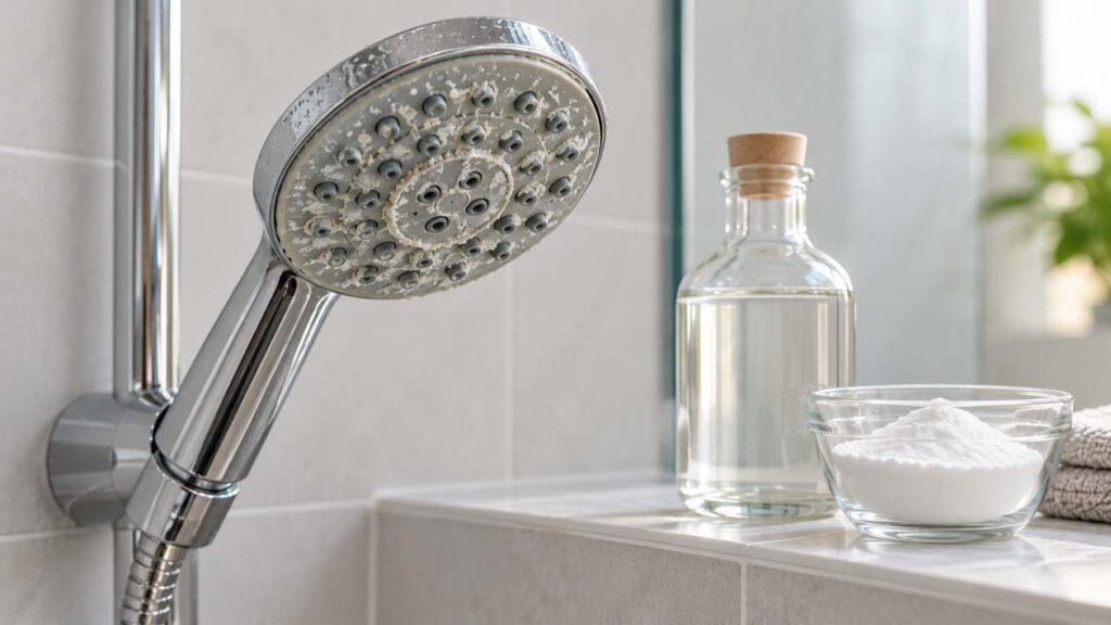 Pommeau de douche entartré avec du vinaigre blanc et du bicarbonate de soude