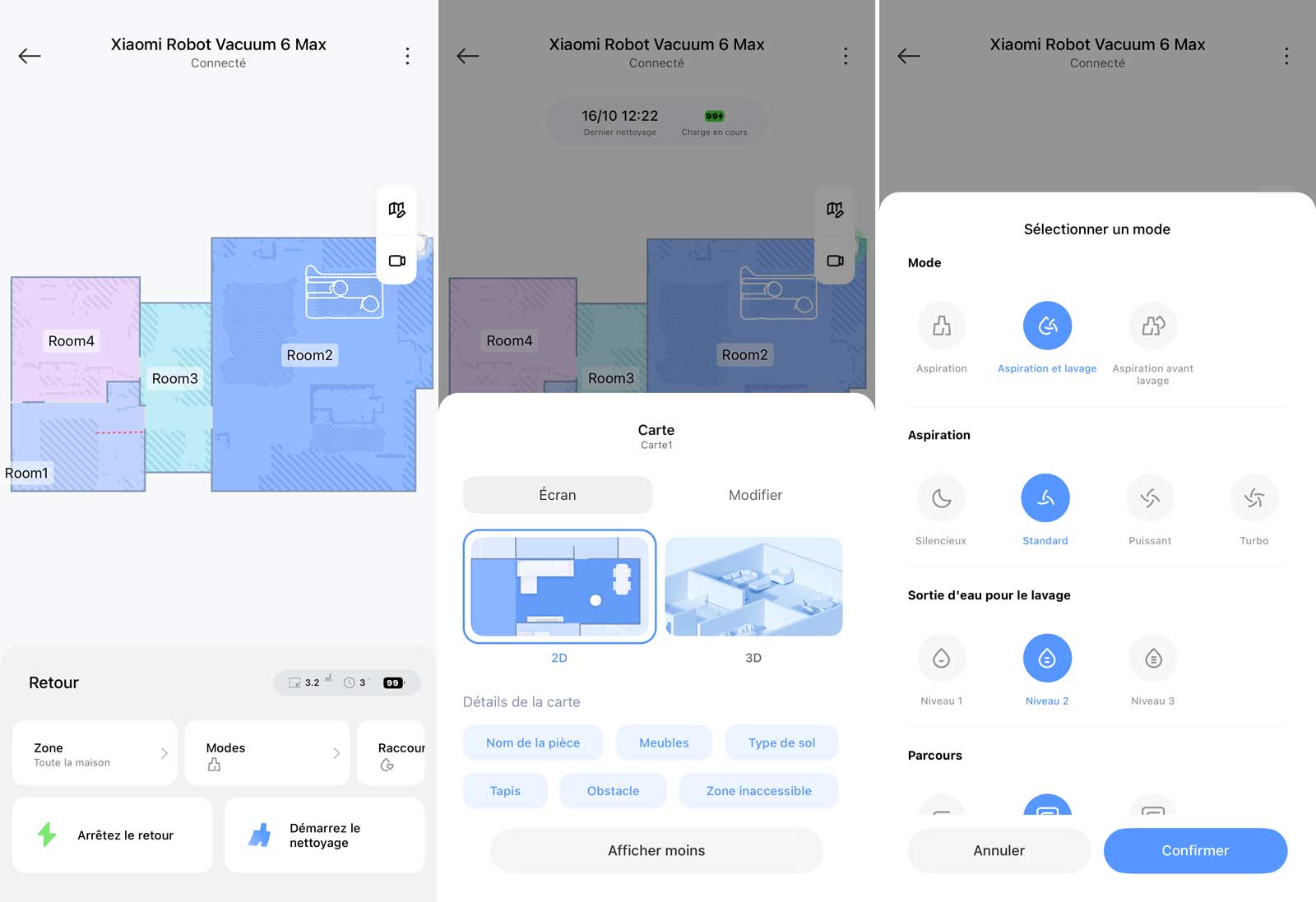 Capture de l’application Xiaomi Home avec la carte du logement et les réglages de nettoyage du Xiaomi Robot Vacuum 6 Max