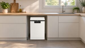 Lave-vaisselle pose libre Beko BDFN26450WP blanc installé sous le plan de travail d’une cuisine