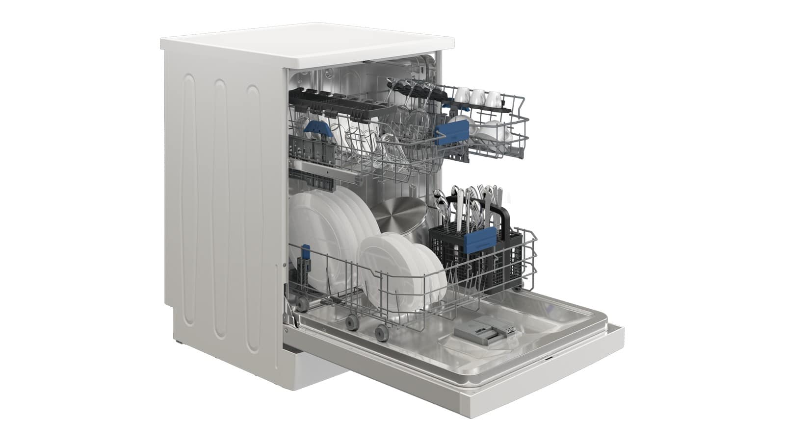 Lave-vaisselle Beko BDFN26450WP porte ouverte avec ses deux paniers chargés