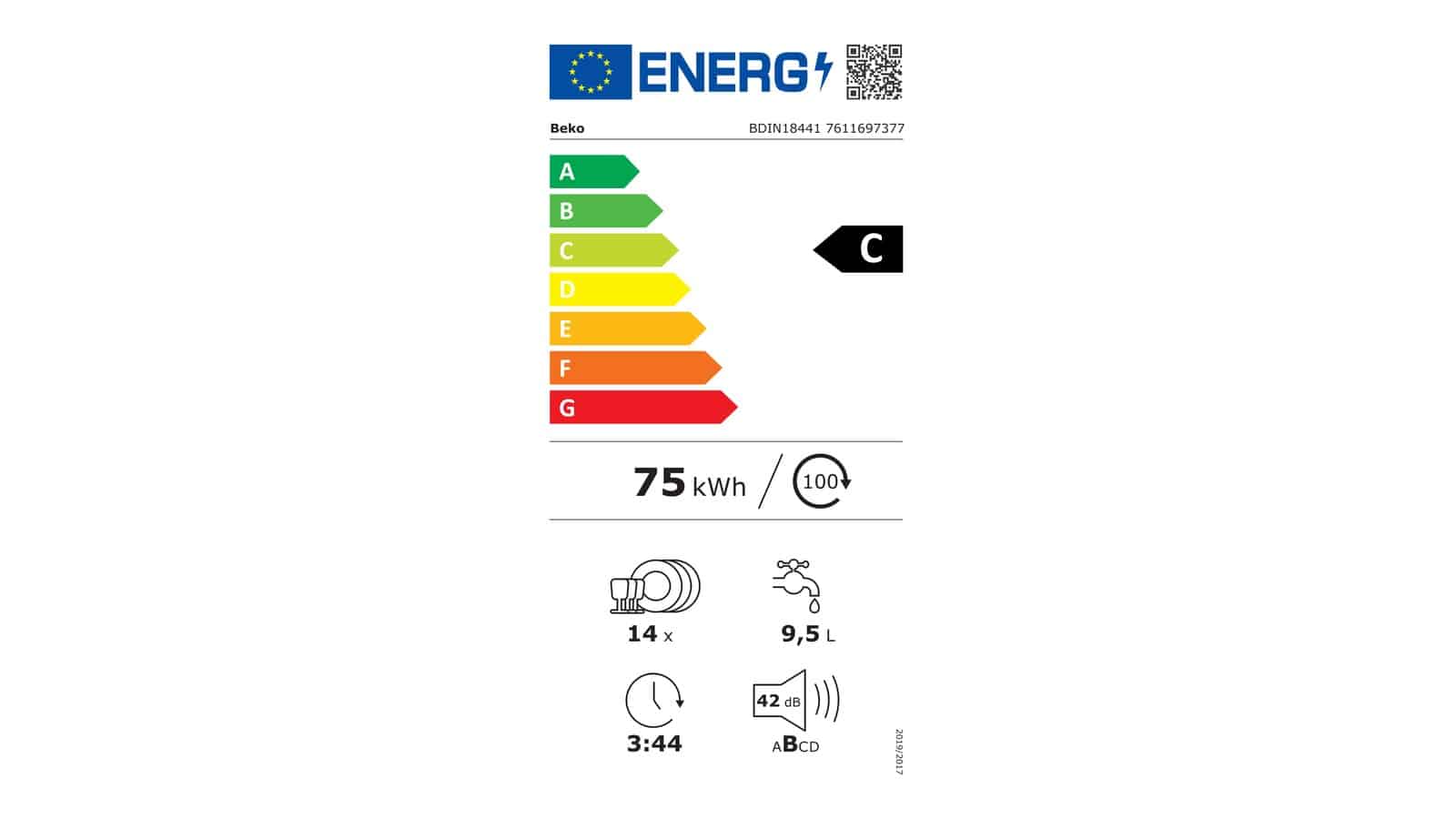 Étiquette énergie du lave-vaisselle Beko BDIN18441 en classe C