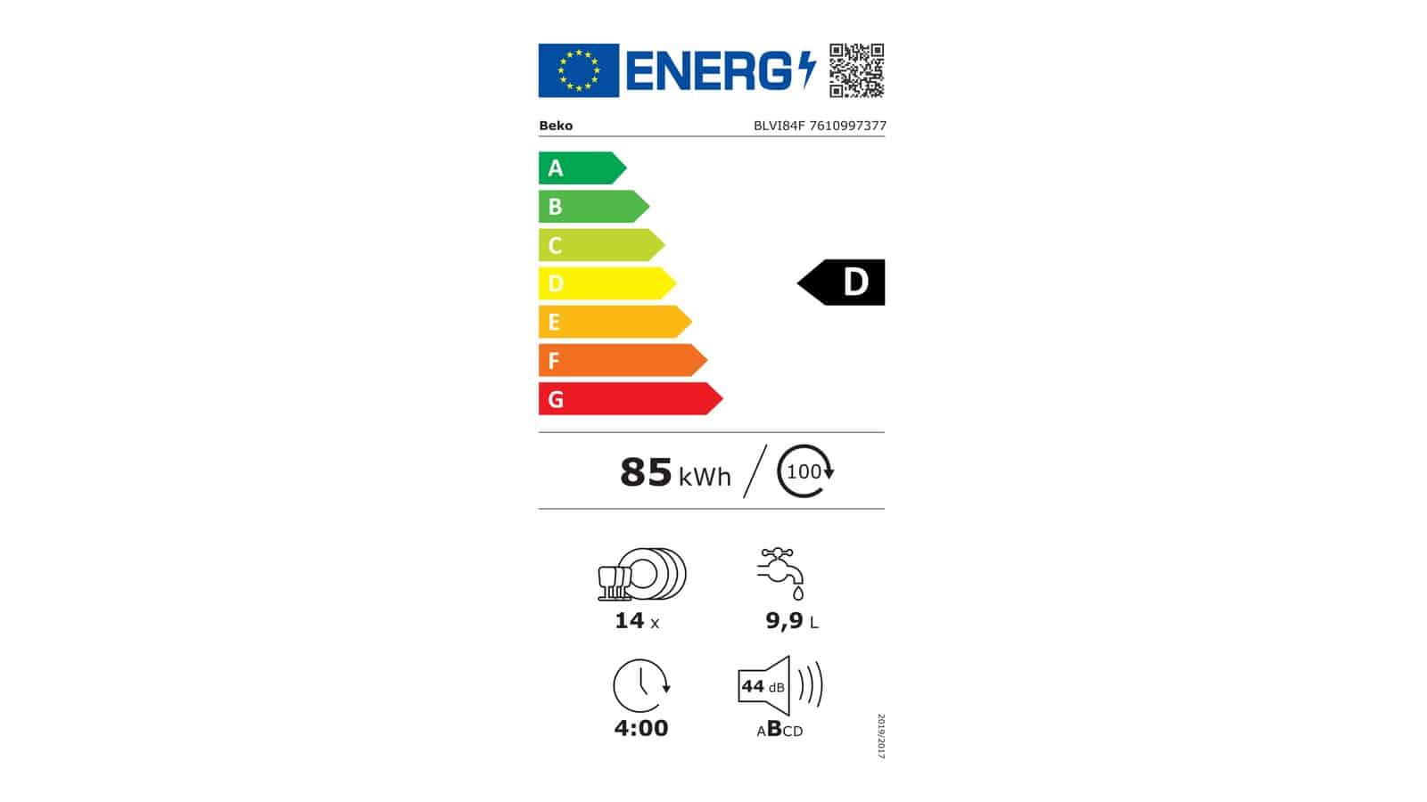 Étiquette énergie du lave-vaisselle Beko BLVI84F en classe D