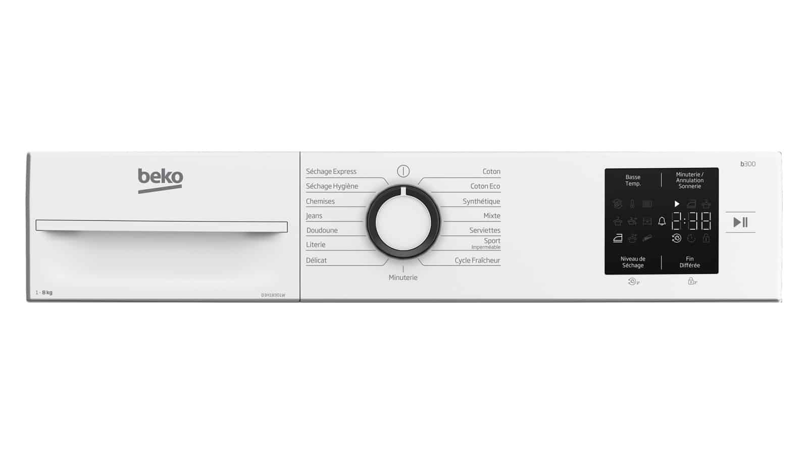 Bandeau de commandes du sèche-linge Beko D3H18301W avec sélecteur rotatif et afficheur