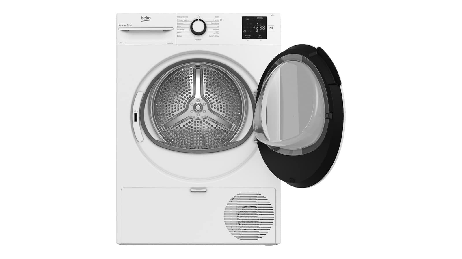 Sèche-linge Beko D3H18301W hublot ouvert sur le tambour