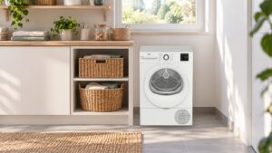 Sèche-linge Beko D3H18301W blanc installé dans une buanderie