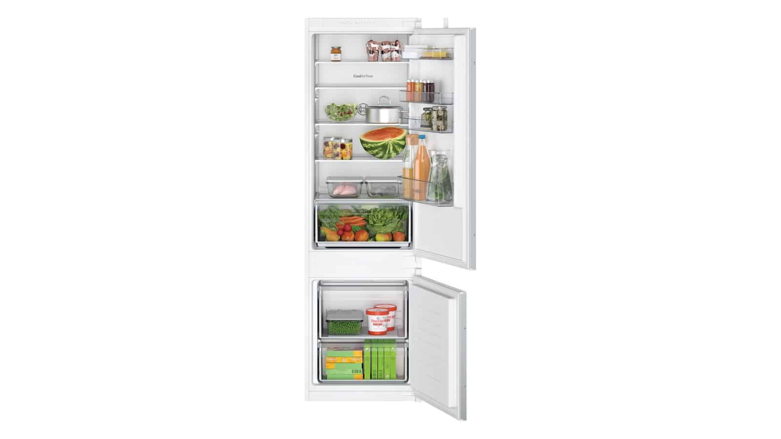 Réfrigérateur combiné encastrable Bosch de la gamme du KIV87NSE0 vu de face, portes ouvertes