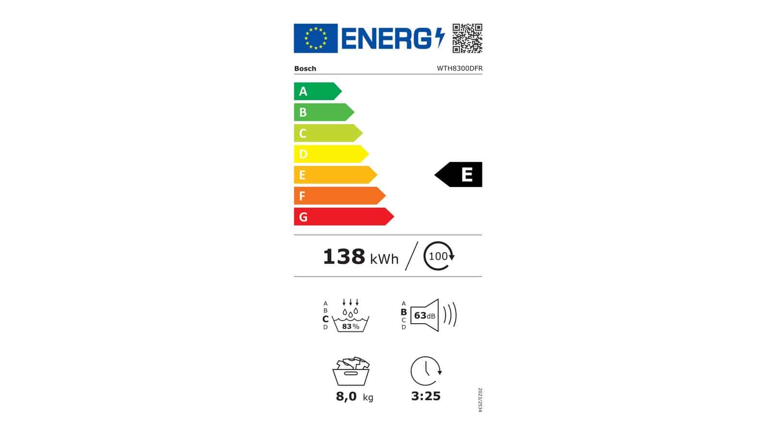 Étiquette énergie du sèche-linge Bosch WTH8300DFR en classe E