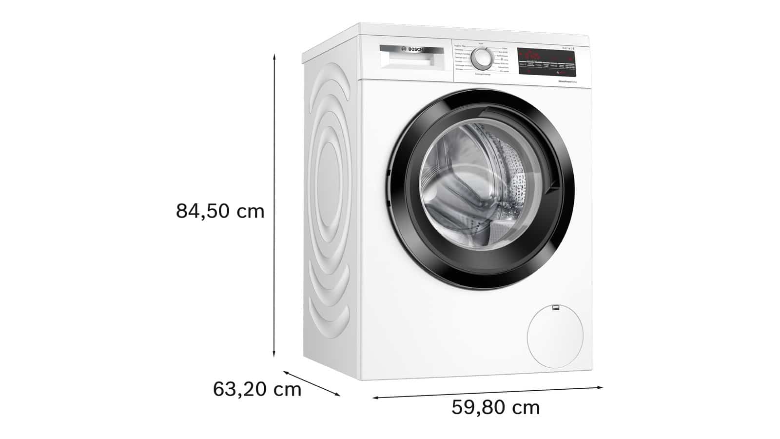 Dimensions du lave-linge Bosch WUU28T18FR : 84,5 cm de haut, 59,8 cm de large, 63,2 cm de profondeur