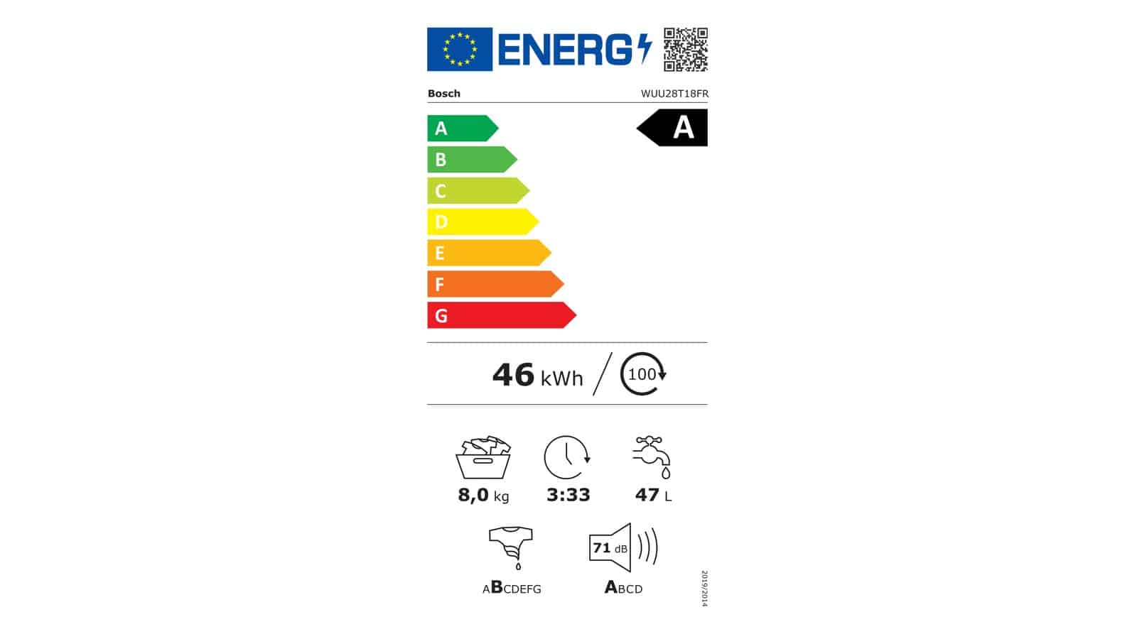 Étiquette énergie du lave-linge Bosch WUU28T18FR en classe A