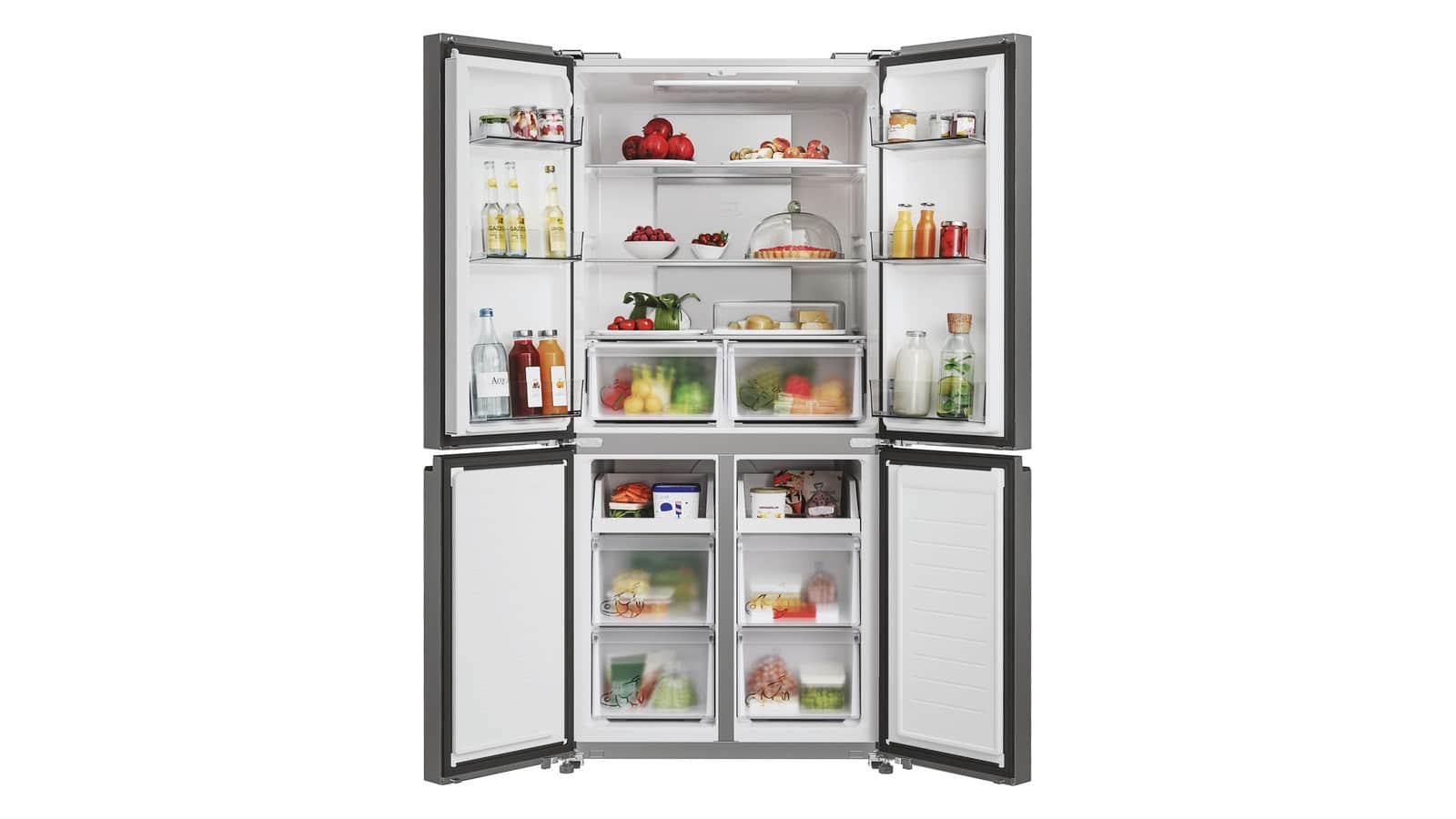 Réfrigérateur Candy CFQQ5T817EPS avec ses quatre portes ouvertes et rempli