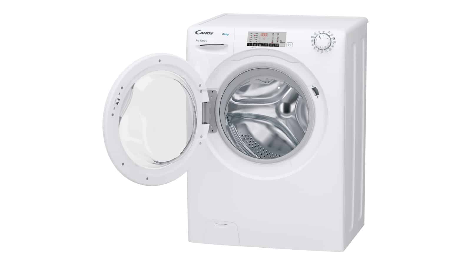 Lave-linge Candy EY294DWM5/1-S hublot ouvert sur fond blanc