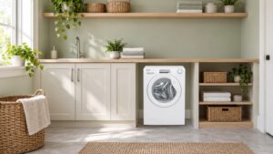Lave-linge Candy EY 294DWM5/1-S installé sous un plan de travail dans une buanderie
