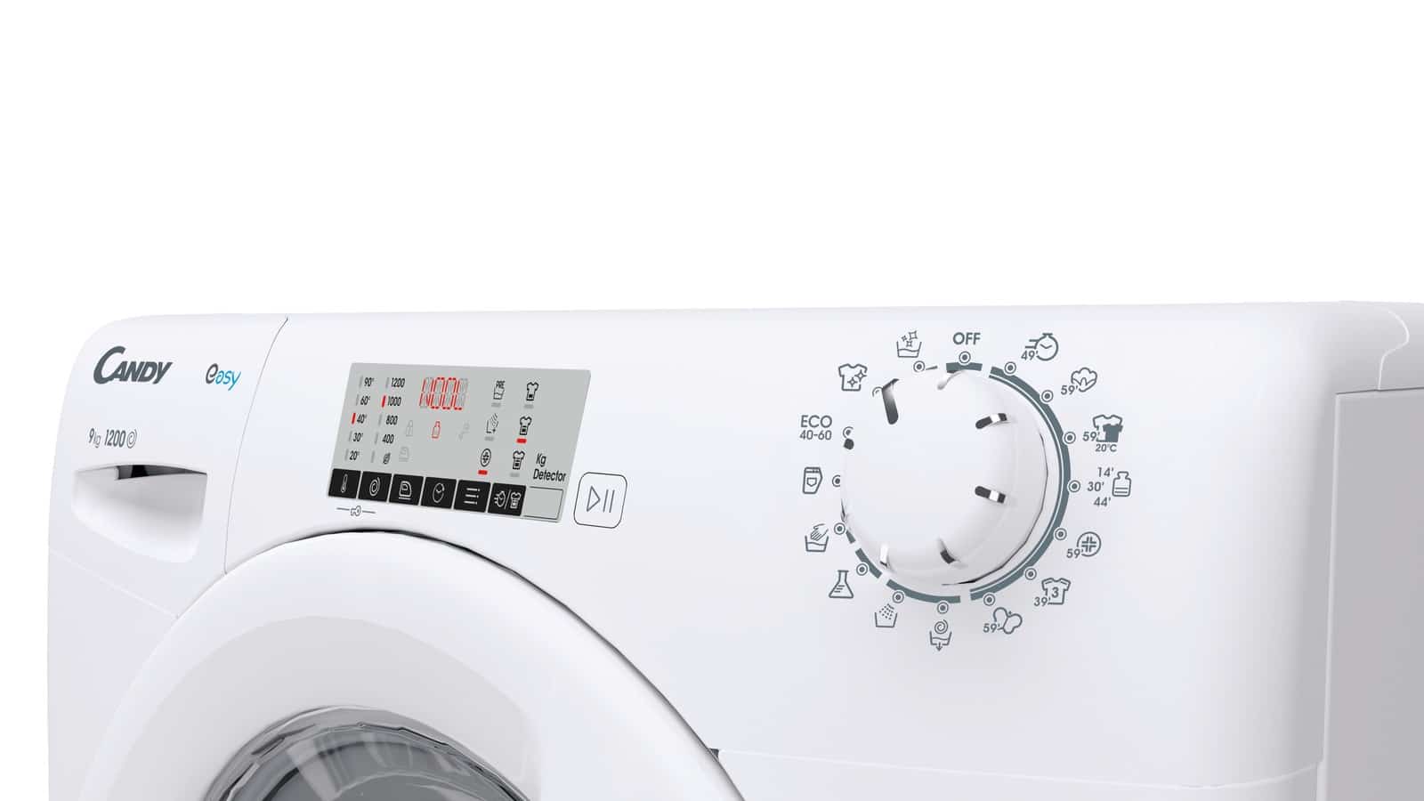 Sélecteur de programmes et bandeau du lave-linge Candy EY294DWM5/1-S vus de trois quarts