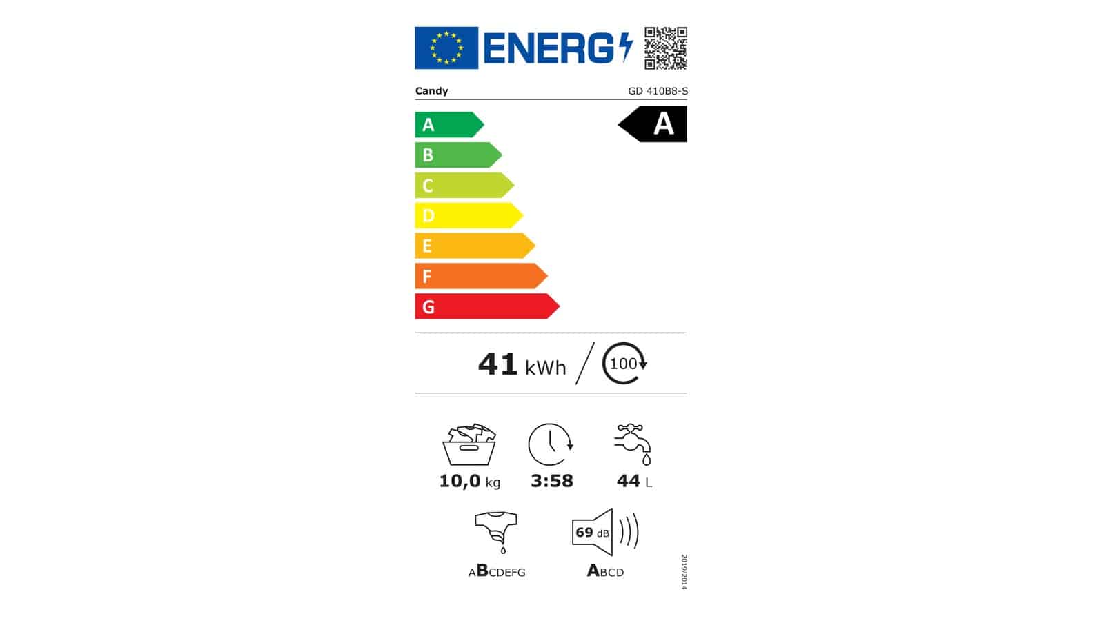 Étiquette énergie du lave-linge Candy GD 410B8-S en classe A