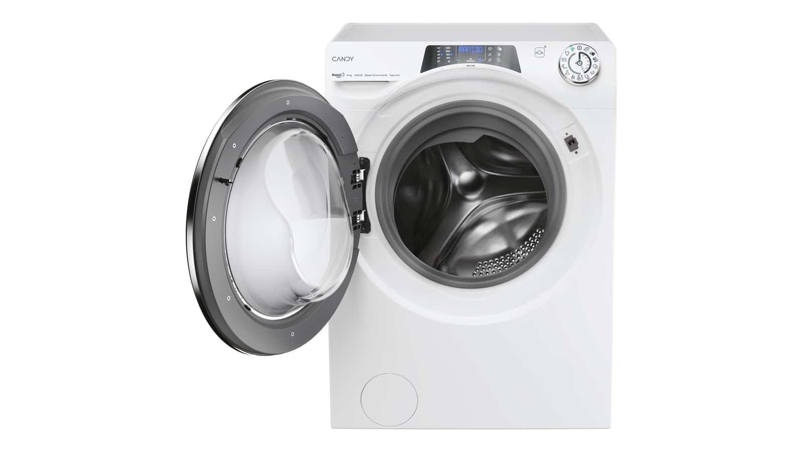 Lave-linge Candy RP 4146BWMBC/1-S hublot ouvert sur fond blanc