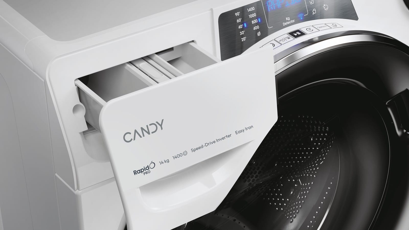 Tiroir à lessive ouvert et afficheur du lave-linge Candy RP 4146BWMBC/1-S