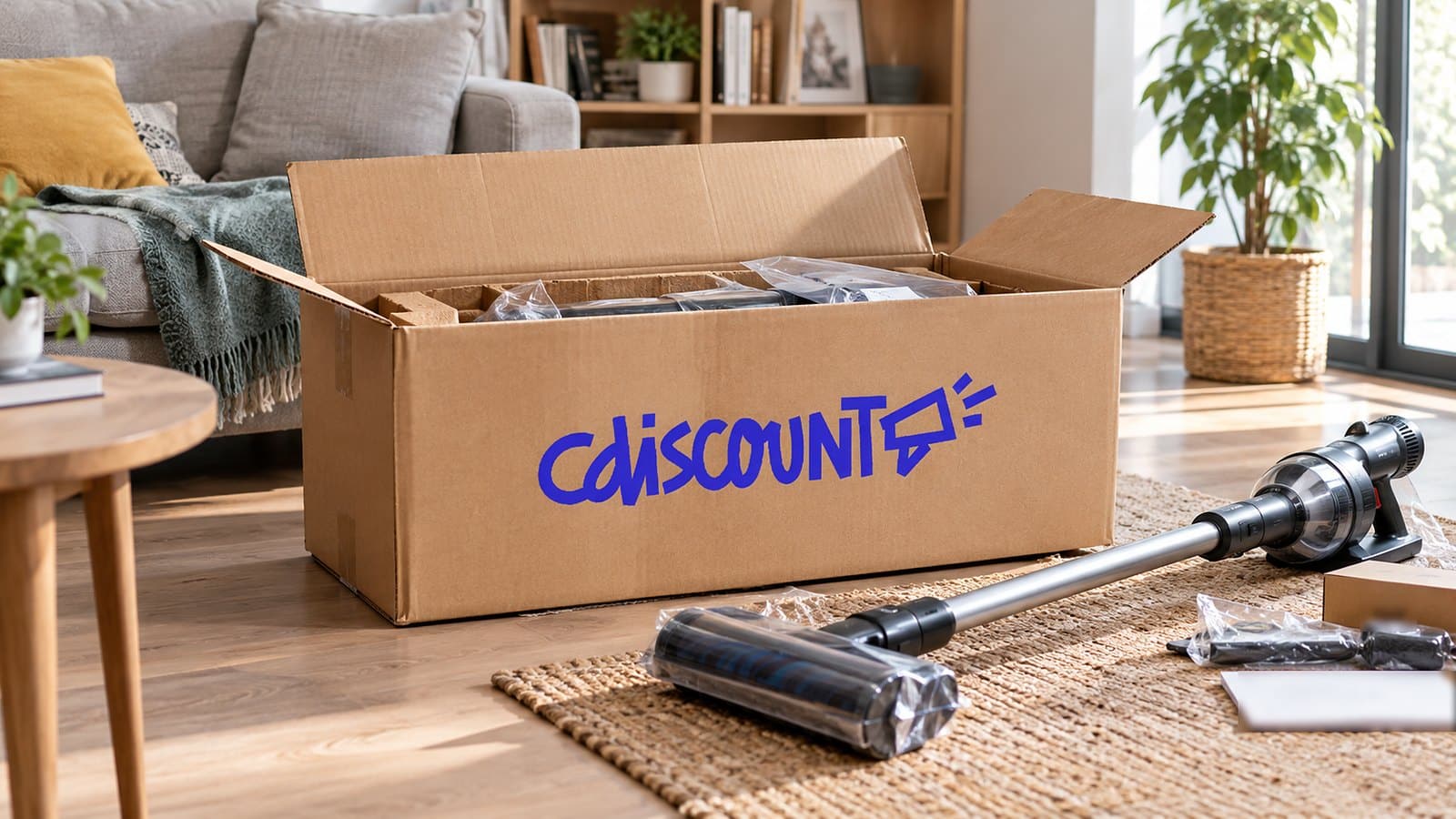 Carton de livraison Cdiscount ouvert dans un salon