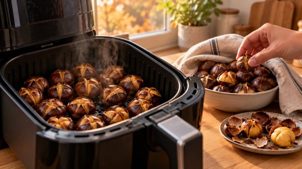 Panier d’airfryer ouvert rempli de châtaignes incisées en croix, posé sur un plan de travail en bois près d’une fenêtre