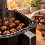 Panier d’airfryer ouvert rempli de châtaignes incisées en croix, posé sur un plan de travail en bois près d’une fenêtre