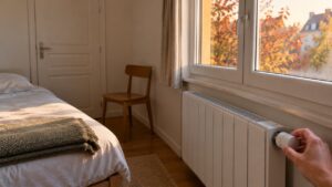 Une main tourne le bouton de réglage d’un radiateur électrique blanc sous la fenêtre d’une chambre d’amis inoccupée, lit fait