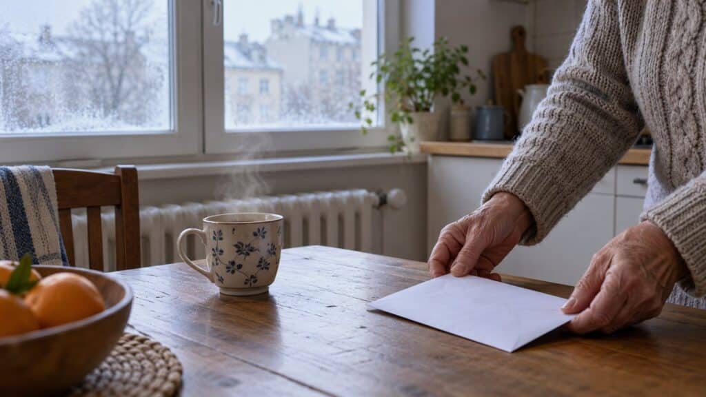 Une personne âgée pose une enveloppe sur la table de sa cuisine un matin d’hiver