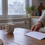 Une personne âgée pose une enveloppe sur la table de sa cuisine un matin d’hiver