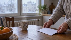 Une personne âgée pose une enveloppe sur la table de sa cuisine un matin d’hiver