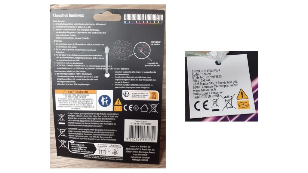 Dos de l’emballage du chouchou lumineux B&M avec la référence 528597 et le code-barres 3610141580810, et étiquette cartonnée indiquant Piles : 3xLR44