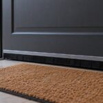 Bas d’une porte d’entrée gris anthracite équipé d’un bas de porte à brosse, au-dessus d’un paillasson, vu de l’intérieur