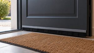 Bas d’une porte d’entrée gris anthracite équipé d’un bas de porte à brosse, au-dessus d’un paillasson, vu de l’intérieur