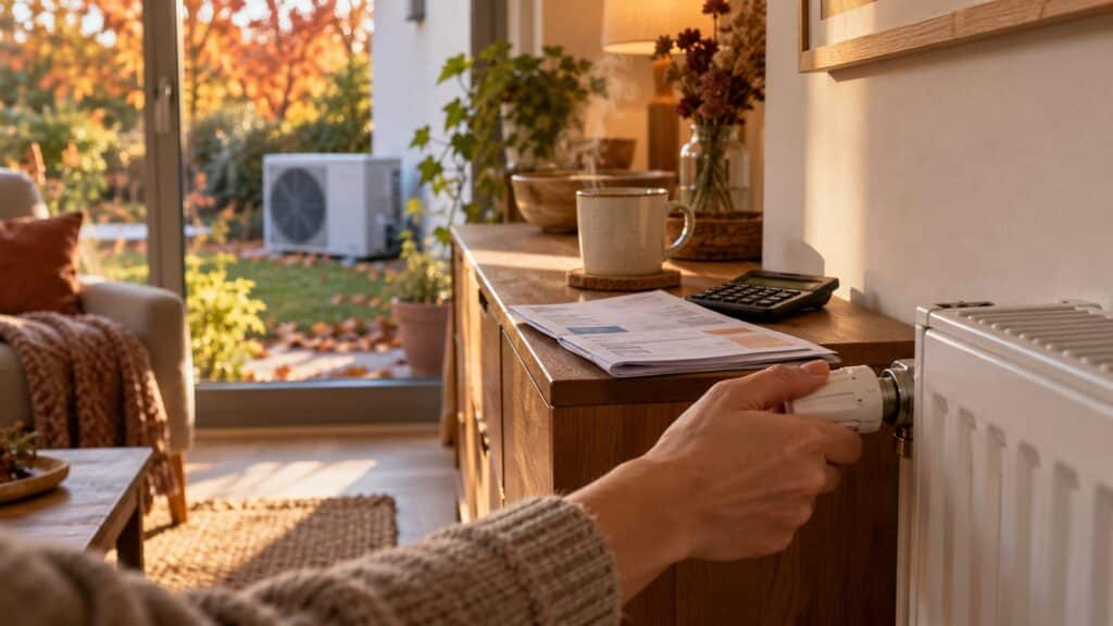 Une main règle le robinet thermostatique d’un radiateur dans un salon, près d’une facture et d’une calculatrice, avec l’unité extérieure d’une pompe à chaleur visible par la fenêtre