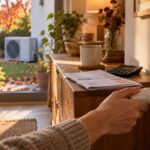 Une main règle le robinet thermostatique d’un radiateur dans un salon, près d’une facture et d’une calculatrice, avec l’unité extérieure d’une pompe à chaleur visible par la fenêtre