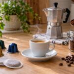 Sur un plan de travail en bois, une tasse d’expresso entourée de capsules en aluminium sans marque, de dosettes souples, d’un bocal de café moulu, de grains de café et d’une cafetière italienne