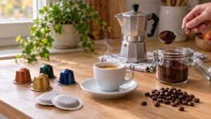 Sur un plan de travail en bois, une tasse d’expresso entourée de capsules en aluminium sans marque, de dosettes souples, d’un bocal de café moulu, de grains de café et d’une cafetière italienne