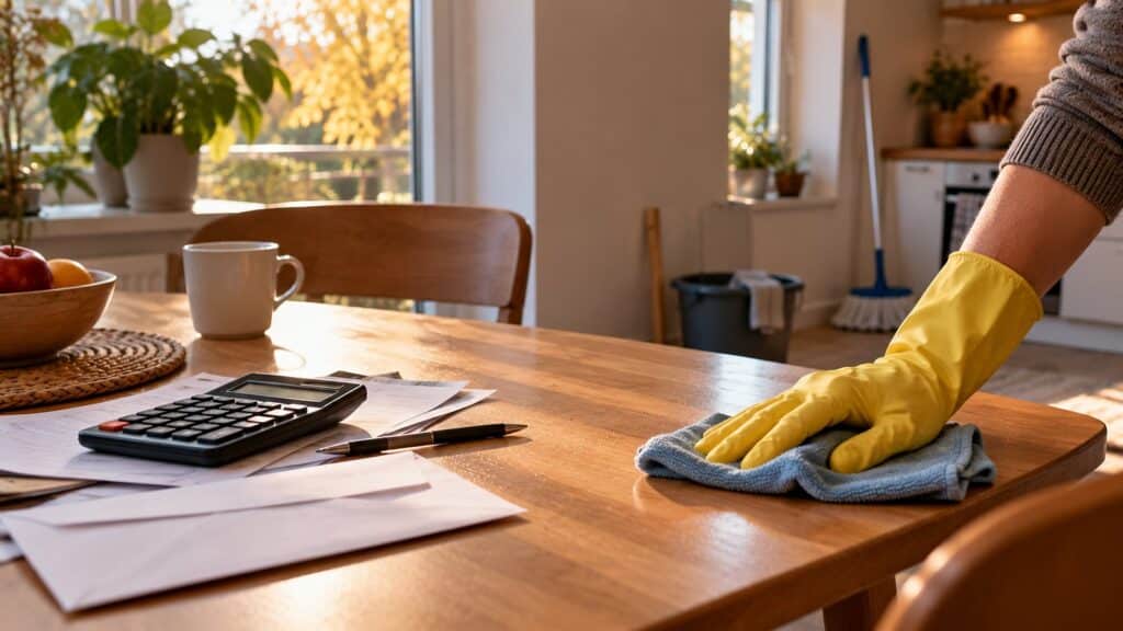Une main passe un chiffon sur une table de cuisine en bois où sont posés une calculatrice et des papiers