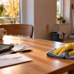 Une main passe un chiffon sur une table de cuisine en bois où sont posés une calculatrice et des papiers