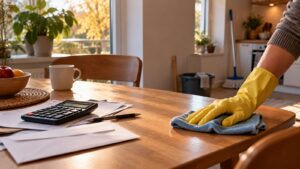 Une main passe un chiffon sur une table de cuisine en bois où sont posés une calculatrice et des papiers