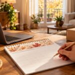 Un calendrier de novembre posé sur une table de salon, près d'un ordinateur portable et d'un carton de livraison